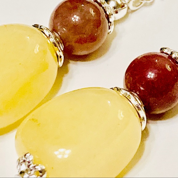 Light Yellow Jadeite & Brown Indian Agate Stone Drop Boho Style Earrings - Picture 5 of 9